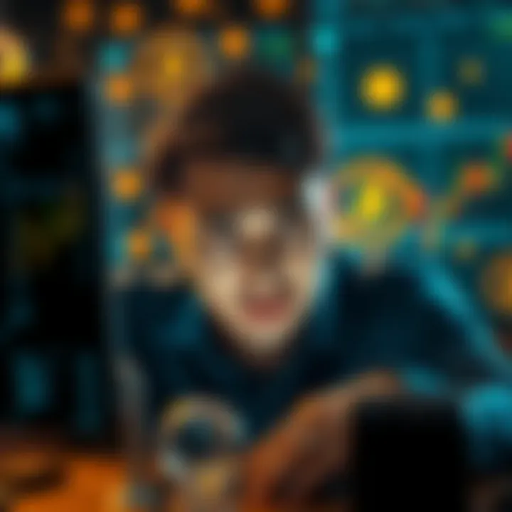 A person looking at a computer screen with a frustrated expression, surrounded by cryptocurrency symbols and charts