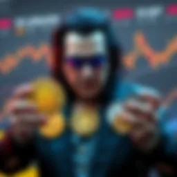 Gene Simmons holds Bitcoin and various crypto coins, looking concerned while monitoring market trends.