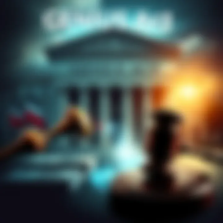 A visual representation of the GENIUS Act, featuring elements of banking and legislation, with a gavel and bank building in the background.