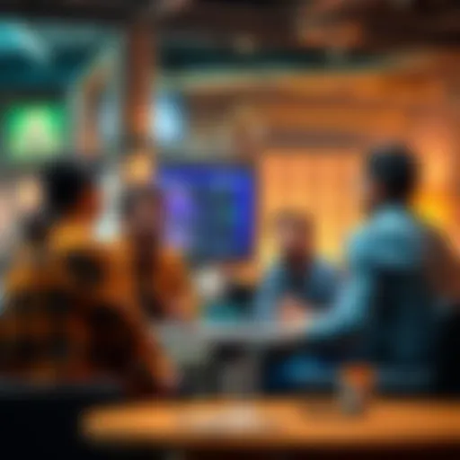 A group of authentic crypto influencers engaged in a discussion, sharing valuable insights in a modern setting.
