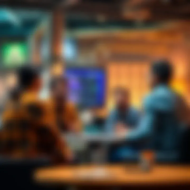 A group of authentic crypto influencers engaged in a discussion, sharing valuable insights in a modern setting.