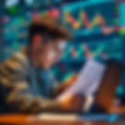 A young trader studying trading charts and graphs on a laptop, looking concerned about misinformation in trading.