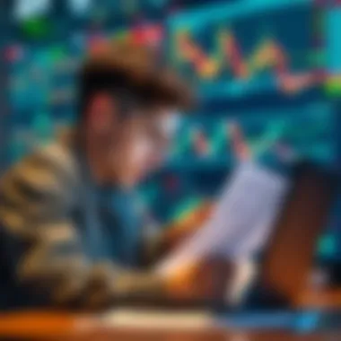 A young trader studying trading charts and graphs on a laptop, looking concerned about misinformation in trading.