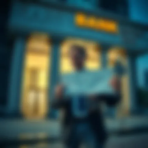 A frustrated Colombian geologist stands next to a bank building holding a check he cannot cash, representing his struggle with frozen funds due to cryptocurrency transactions.