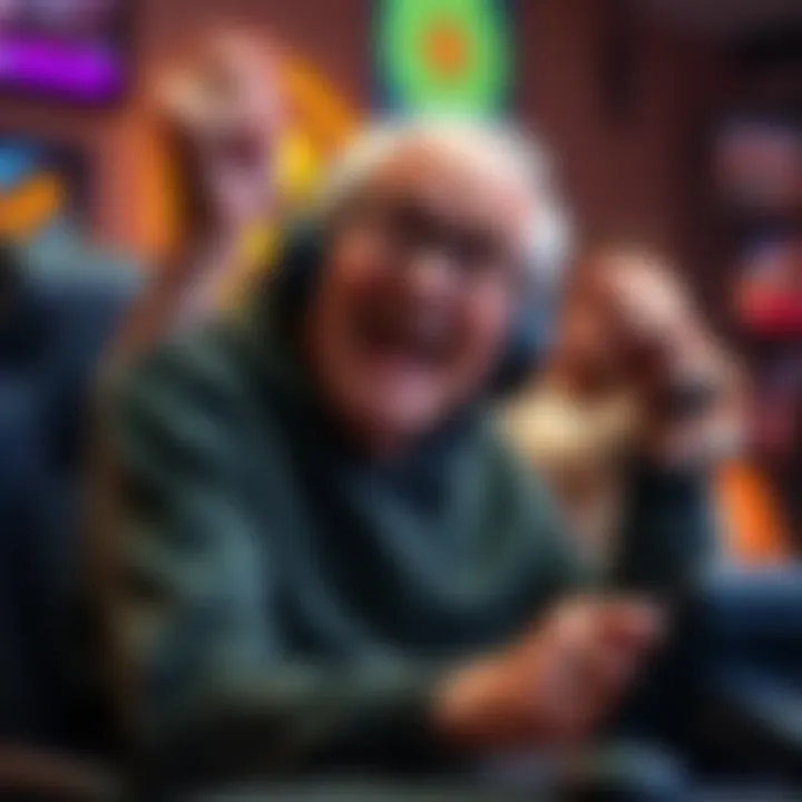 An older player joyfully celebrating after hitting the 100 essence milestone in a gaming setting