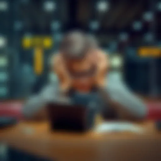 A German man sitting at a table with his hands on his head, looking upset about his lost wallet containing 2 BTC, symbolizing a serious loss.