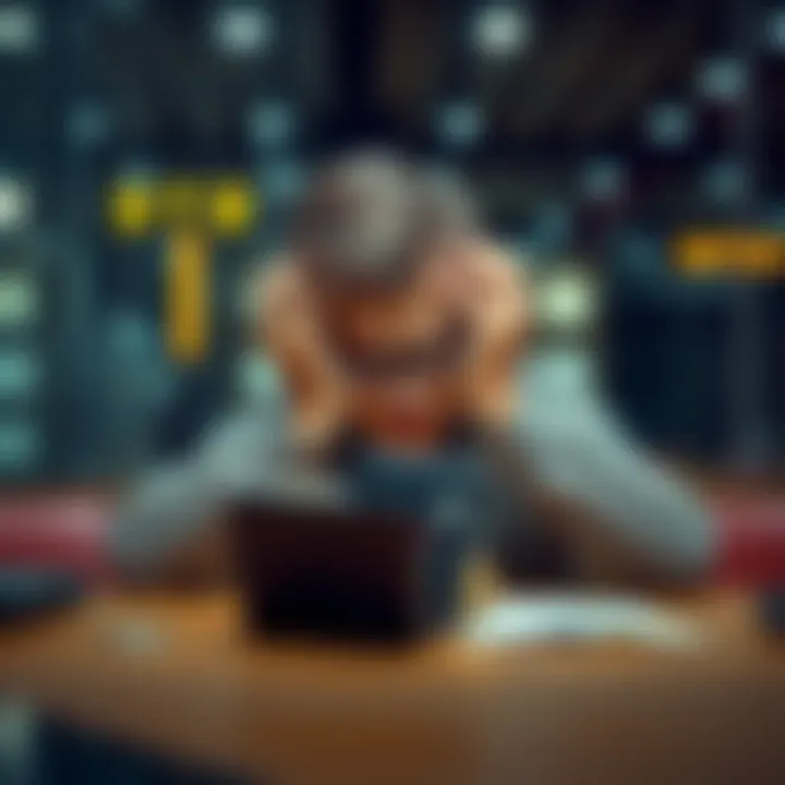 A German man sitting at a table with his hands on his head, looking upset about his lost wallet containing 2 BTC, symbolizing a serious loss.
