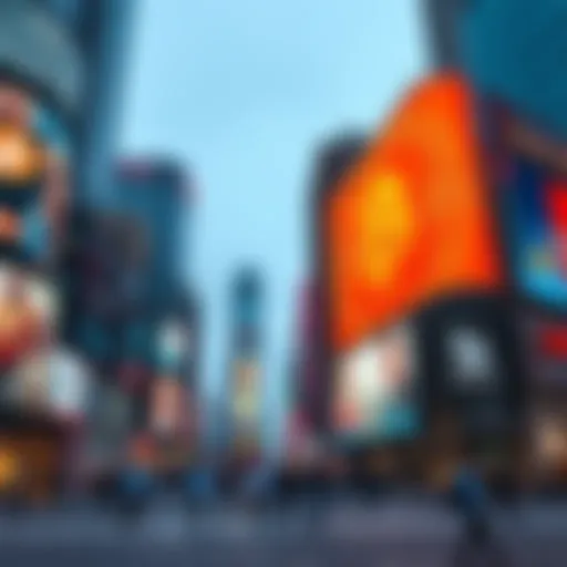 Giant Bitcoin Advertisement in Times Square A large Bitcoin advertisement illuminated in Times Square, NYC, attracting the attention of passersby and highlighting the significance of cryptocurrencies.