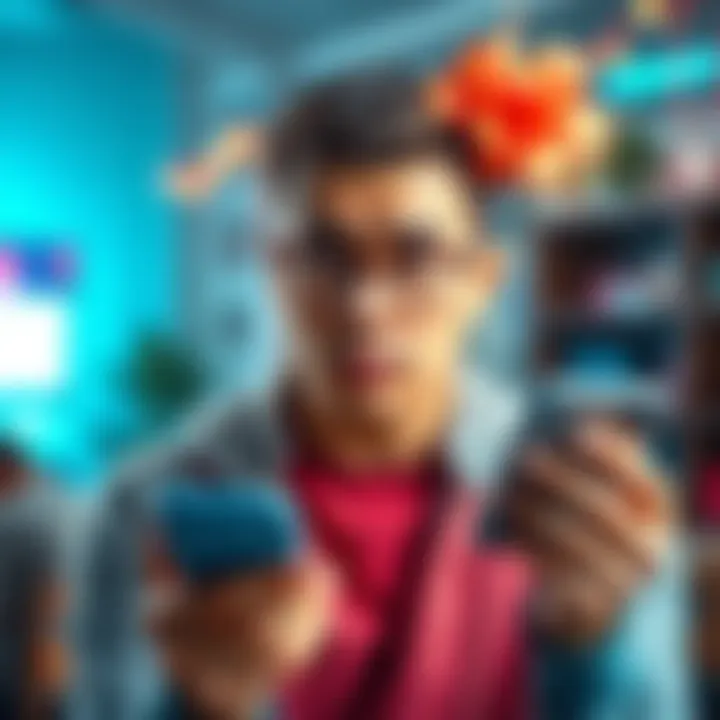 A person looking confused while holding a gift card and a smartphone, seeking help online.