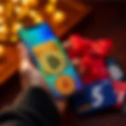 A person holding a smartphone displaying a Bitcoin wallet next to various gift cards, symbolizing using small Bitcoin amounts for purchases.