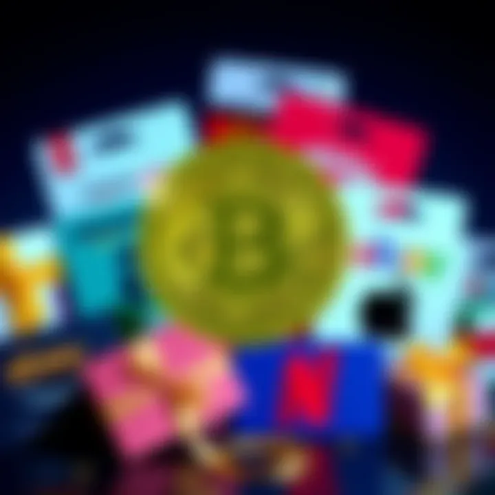 A variety of gift cards from popular retailers like Amazon, Apple, and eBay with a Bitcoin symbol overlay