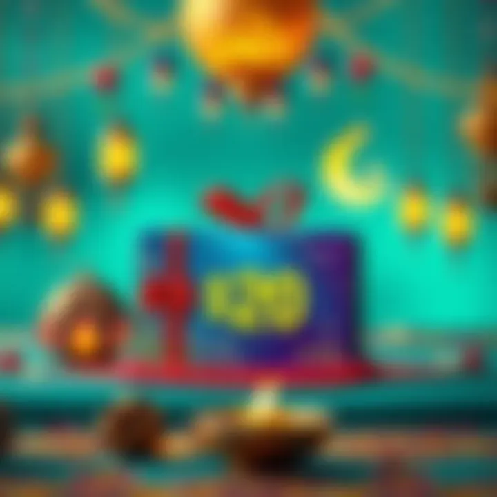 A colorful graphic showing a $20 gift card with Ramadan decorations and a comment bubble inviting people to share their habits.