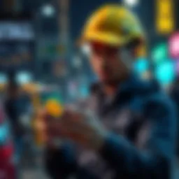 A gig worker checks their smartphone displaying graphics of stablecoins, highlighting payment delays in the gig economy