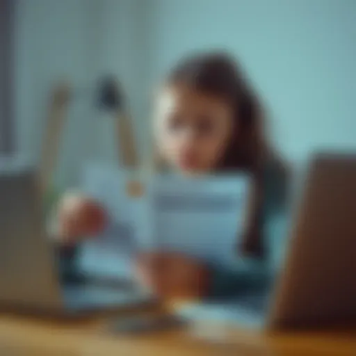 A young girl sitting with a worried expression, holding a bank statement that shows a large withdrawal, with a laptop and phone nearby, indicating a financial issue.