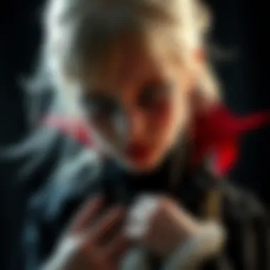 A young blonde girl wearing vampire makeup and a dark outfit, posing in a dramatic manner, with a serious expression.