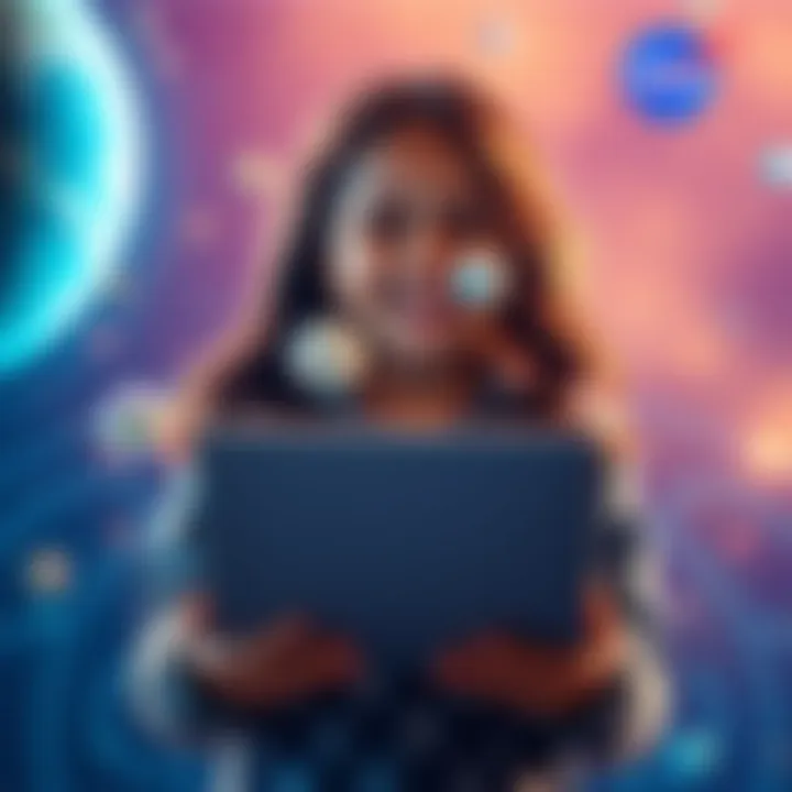 A girl excitedly searching for teammates for the NASA SpaceApps Challenge, holding a laptop with a space-themed backdrop, symbolizing innovation and collaboration in machine learning.