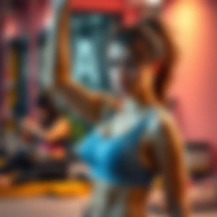 University student struggling in pilates class A university student in a girls-only pilates class looks awkward while trying a challenging move, showing her sports bra and an embarrassed expression.