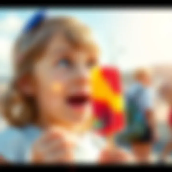 A girl with a surprised expression looks at a colorful popsicle in her hand, smiling in delight under sunny skies.