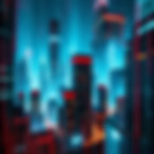 Glitch in the Matrix A visual representation of a glitch in the matrix, showing a cityscape with distorted buildings and flickering lights.