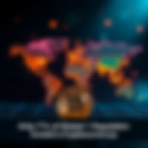 Global Cryptocurrency Investment A world map showing only a small percentage of regions highlighted to represent people investing in cryptocurrency, with a digital coin symbol in the foreground.