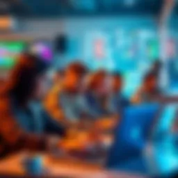 A diverse group of people collaborating on laptops during an online hackathon, showcasing teamwork and creativity.