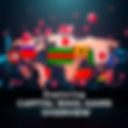 A visual representation of different country flags with digital assets floating above, illustrating capital gains tax variations worldwide.