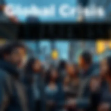 A group of diverse people discussing serious global issues with concerned expressions in a city setting