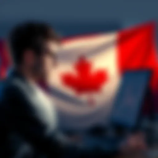 A person looking frustrated at a computer while trying to access cryptocurrency exchange websites, with a Canadian flag in the background.