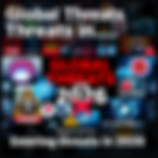 A collage of news headlines related to emerging threats and global issues in 2026, showcasing various icons representing danger and caution.