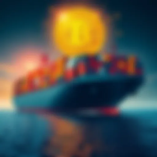 Global Trade and Bitcoin A cargo ship loaded with containers under a digital Bitcoin symbol, representing international trade with Bitcoin support.