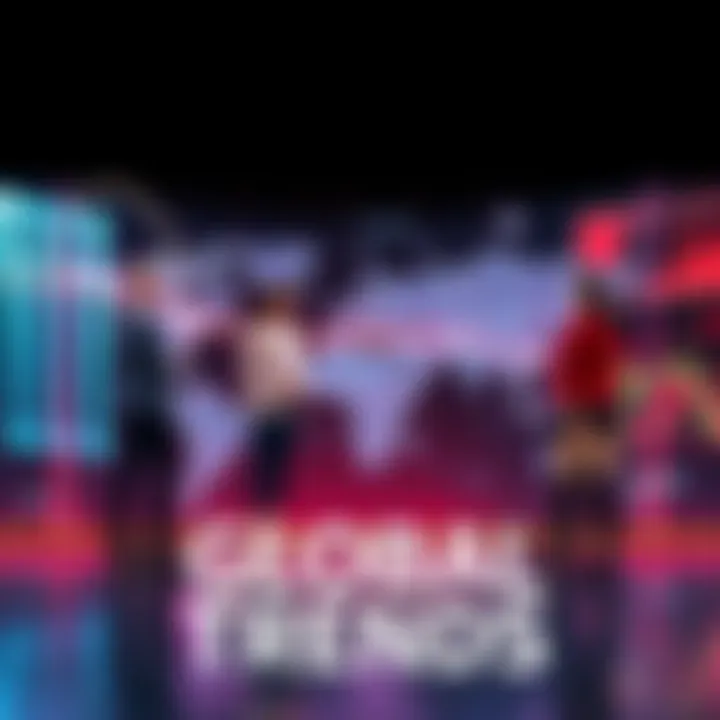 A diverse group of people discussing recent trends over a digital map of the world