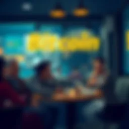 A diverse group of people discussing Bitcoin in a café, showcasing various cultural perspectives on cryptocurrency.