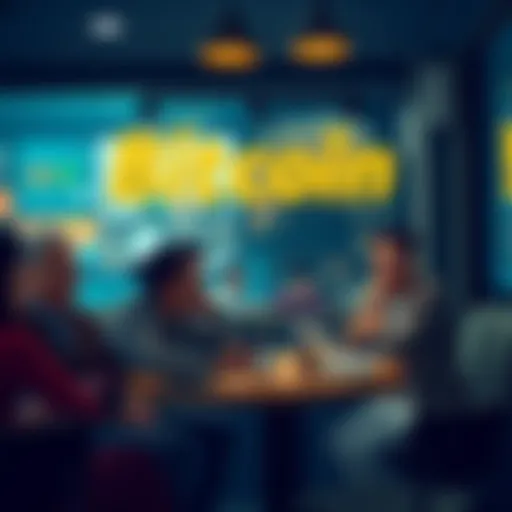 A diverse group of people discussing Bitcoin in a café, showcasing various cultural perspectives on cryptocurrency.
