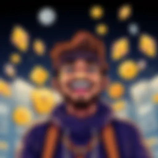 Illustration of a cheerful man representing GLTA Guy surrounded by Ethereum symbols, reflecting optimism and community engagement in cryptocurrency.