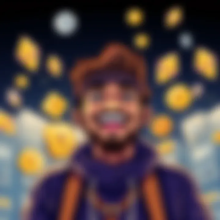 Illustration of a cheerful man representing GLTA Guy surrounded by Ethereum symbols, reflecting optimism and community engagement in cryptocurrency.