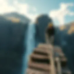 A person climbing using ropes and wooden planks to reach Glymur waterfall, showcasing the rugged terrain and beautiful scenery.
