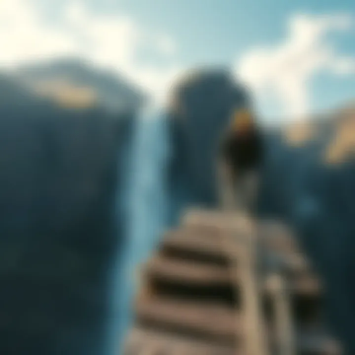 A person climbing using ropes and wooden planks to reach Glymur waterfall, showcasing the rugged terrain and beautiful scenery.