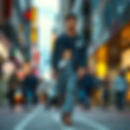 A young individual confidently sporting GM Baggies, styled with a casual top and sneakers, walking through a vibrant urban street filled with fashion-forward people.