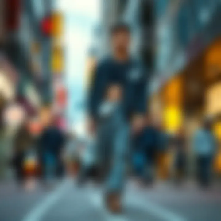 Person wearing GM Baggies in a city setting A young individual confidently sporting GM Baggies, styled with a casual top and sneakers, walking through a vibrant urban street filled with fashion-forward people.