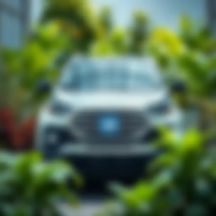 A sustainable GM vehicle surrounded by plants and greenery, showcasing eco-friendly technology.