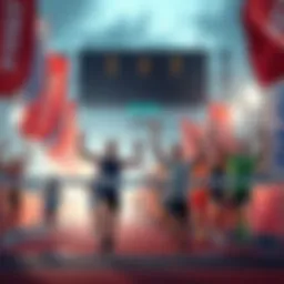 A group of people celebrating as they approach the finish line with enthusiasm and determination, banners waving in the background