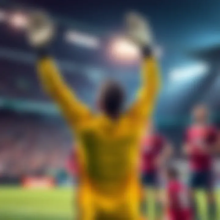 A football goalkeeper raises their arms in celebration after a match, highlighting the achievement of a clean sheet with teammates around.