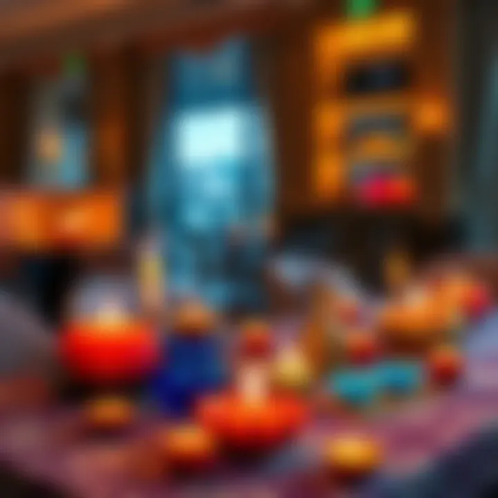 A variety of colorful godcandles placed on a stylish table, creating a warm and inviting atmosphere