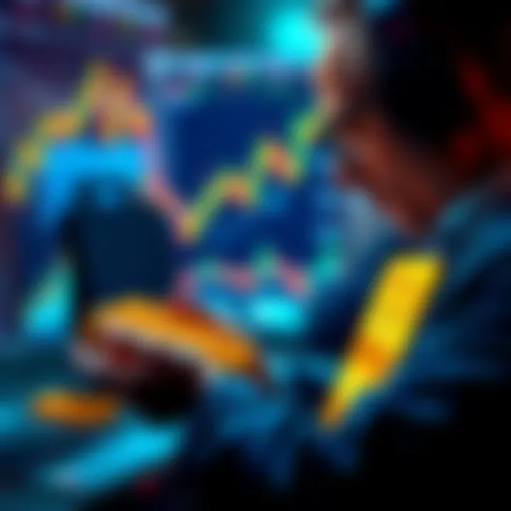 A trader examining a gold bar with trading charts and graphs in the background, symbolizing the use of gold as collateral in futures trading.