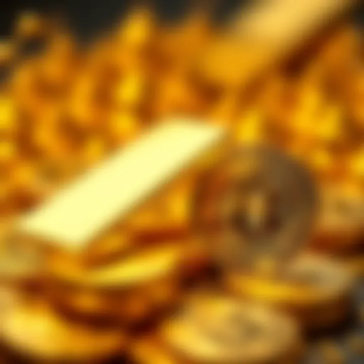 A stack of gold bars representing the rise in gold's market value alongside a Bitcoin symbol, illustrating the potential competition between gold and Bitcoin.