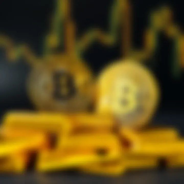 Gold bars and Bitcoin symbol Gold bars stacked next to a Bitcoin symbol, representing the comparison between 1970s gold and current Bitcoin market trends
