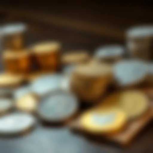 Selection of Gold and Silver Coins A variety of 90% silver and gold coins including Morgans and Dos Pesos displayed on a wooden table