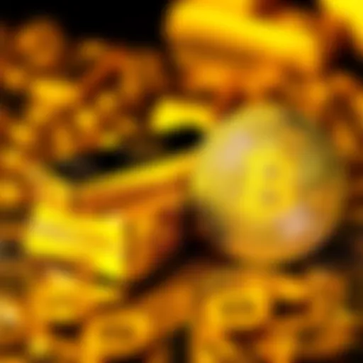 A stack of gold bars next to a shiny Bitcoin coin, symbolizing the shift from gold to cryptocurrency.
