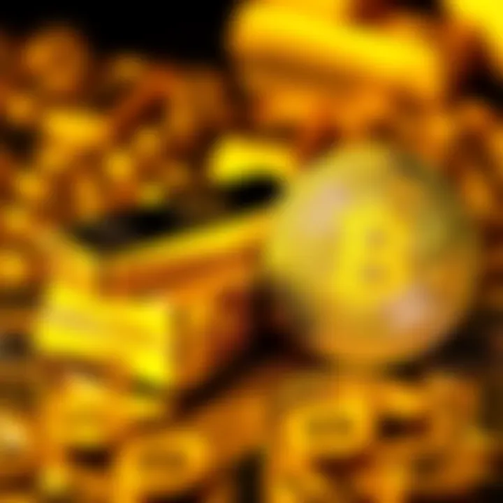 A stack of gold bars next to a shiny Bitcoin coin, symbolizing the shift from gold to cryptocurrency.