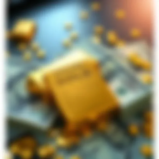 A stack of gold bars next to scattered dollar bills highlighting the contrast between fiat currency and precious metals